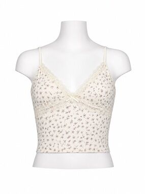Size L Pink Rose Women’s Y2K Ditsy‎ Floral Lace Trim Cropped Cami Top NWT
